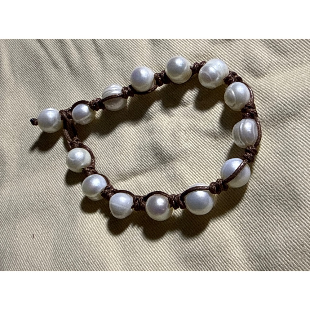 White Freshwater Pearl Knotted Brown Cord Boho Toggle Bracelet Handcrafted